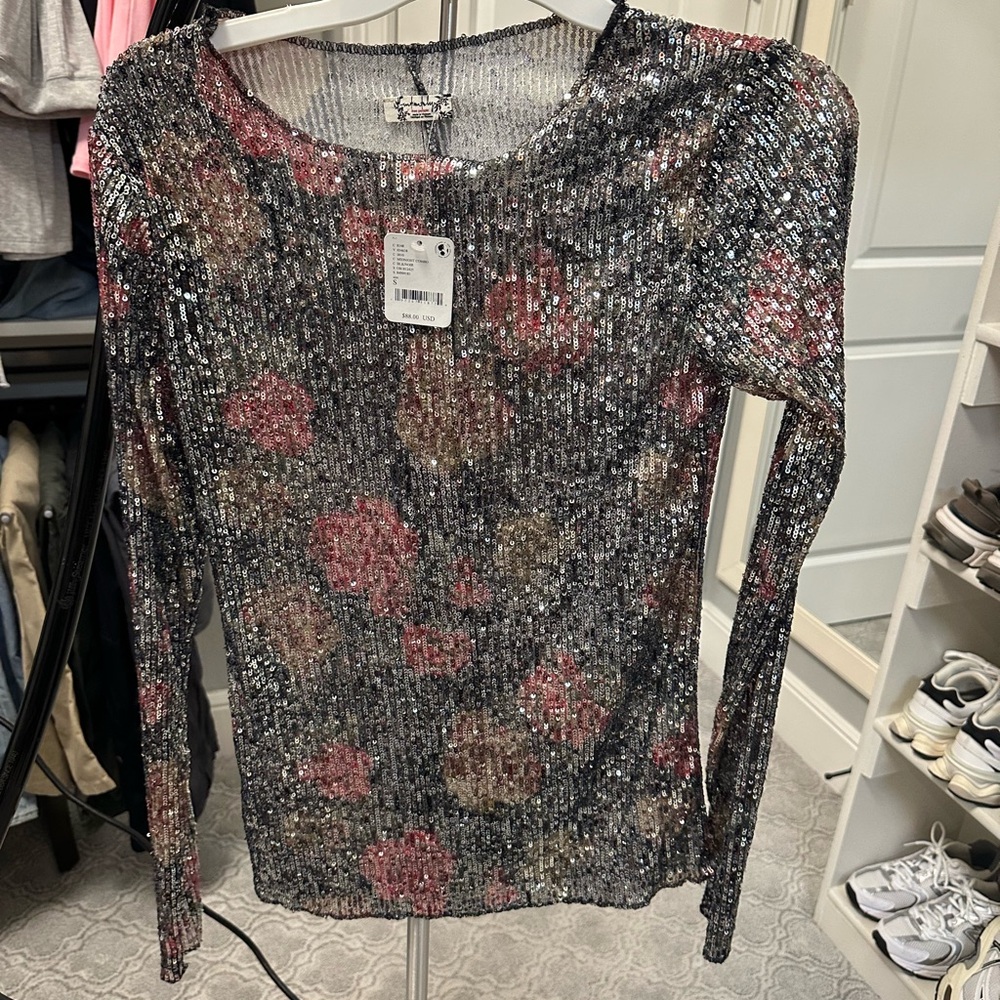 Free People Gold Rush Sequin Long Sleeve Top New With Tags
